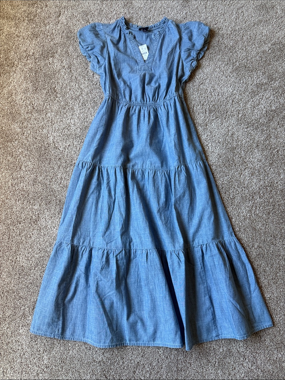 J. Crew Chambray Blue Tiered Maxi Dress with Ruffle Sleeves